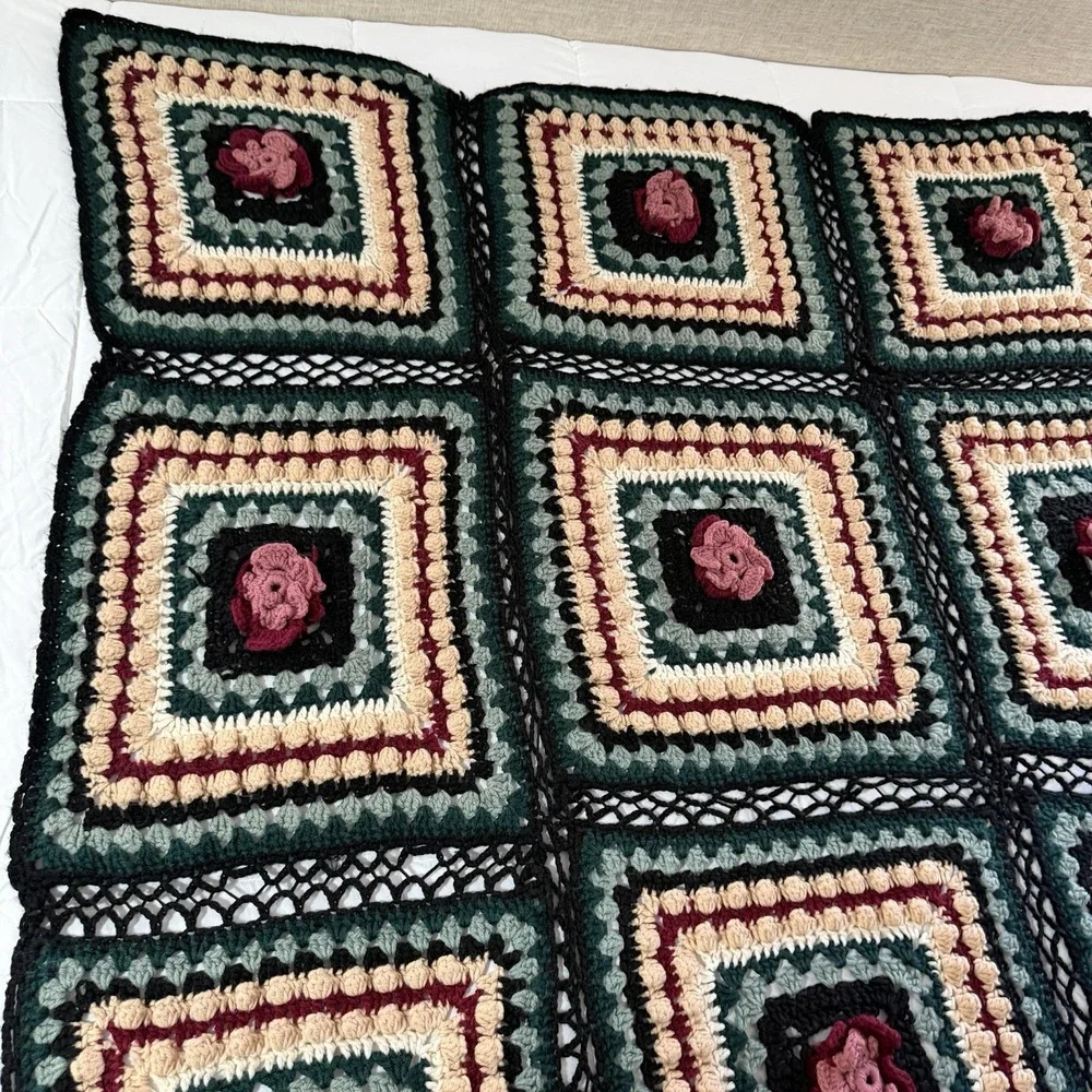 Hand Crocheted Granny Square Afghan Throw Blanket Floral 70